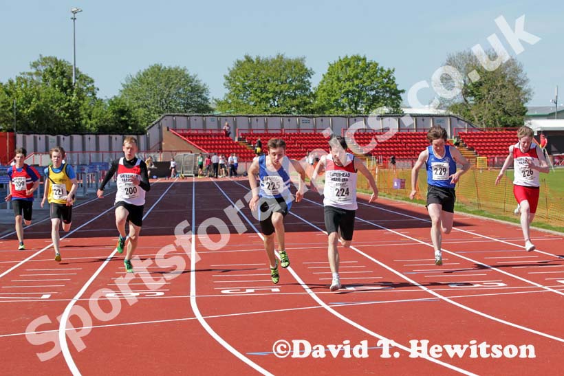 Dominic Weller (Gateshead) 224 beats Sean O'Hara (Morpeth) in the under-15s 200 metres at the North Eastern Champs, Gateshead.